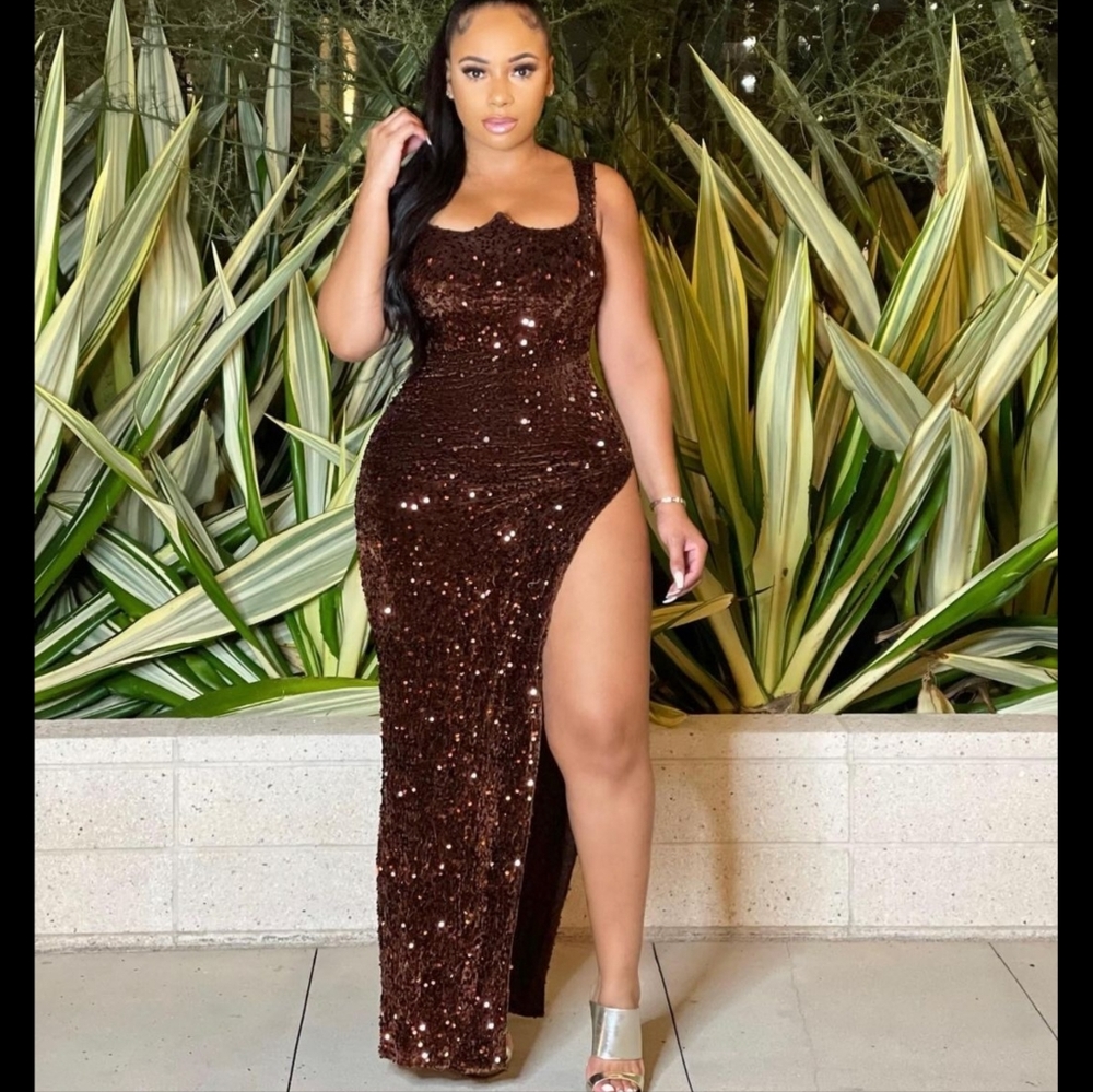 Elegant yet sexy brown bling high slit dress